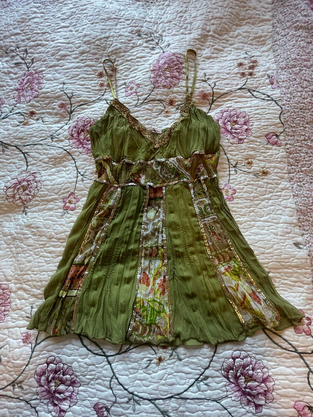 vintage papaya green sequin patchwork strapless blouse